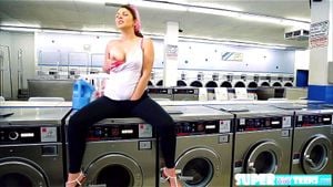 Super tiny and slutty Cali Hayes gets fucked by laundromat owner