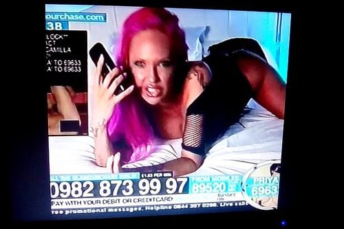 phone sex, body stocking, pink hair, thong