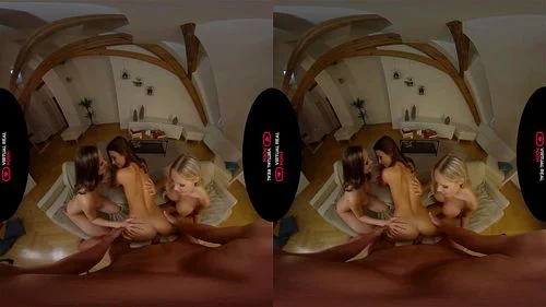 virtual reality, threesome, creampie, pov