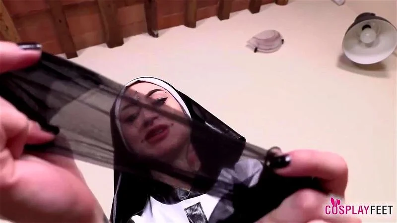 Naughty nun takes off pantyhose and s you to wank