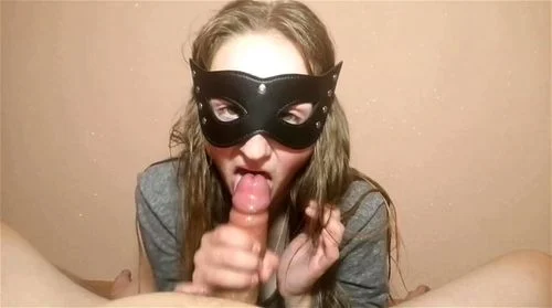 babe, masked, cum in mouth, handjob