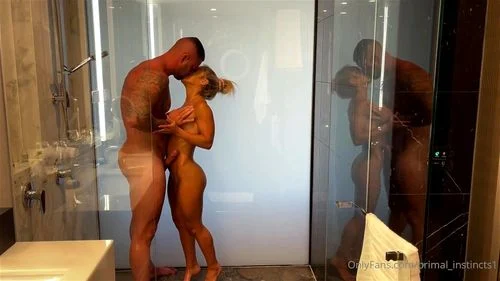 Petite blond girl getting fucked by the body builder tattoo guy