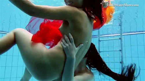lesbo, swimming pool, dress, underwater babe
