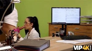 VIP4K. Tattooed breasted brunette turns into a whore at the loan office