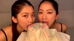 Sexy Japanese Twins Lick Ice Cream Cake