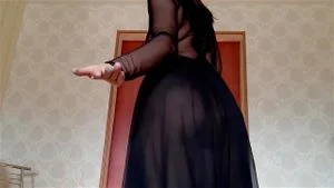 Russian beauty exudes dancing in sheer black chiffon long nightgown