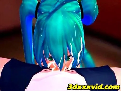 deepthroat, 3d animation, blue hair, hatsune miku