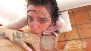 Young skank Stevie Foxx takes slobber shower after bizarre deepthroat skull fuck