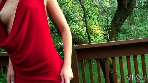 public, red dress, striptease, outdoors