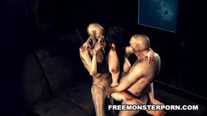 Sexy infected 3D cartoon babe double teamed by some zombies