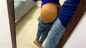 Her Jeans Pulled Down Until Her Thighs While She Gets Pounded !
