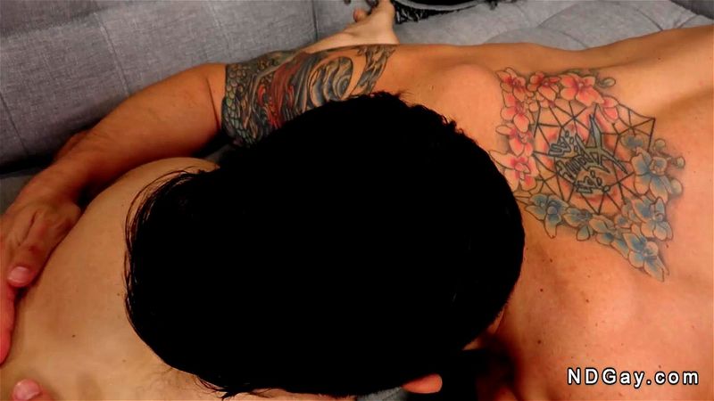 Tattooed hunks anal fucking on the sofa in various positions