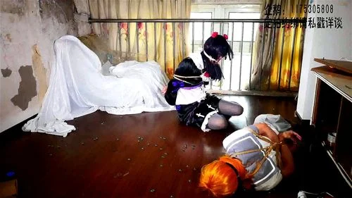 asian cosplay, two girls, tied together, asian bondage