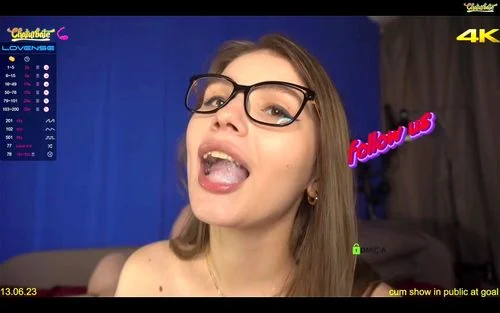 swallow cum, cum in mouth, camgirl, glasses