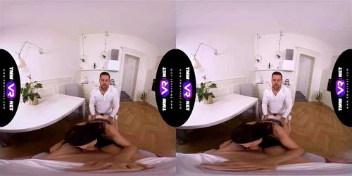 cum in mouth, reverse cowgirl, brunette, 180° in virtual reality