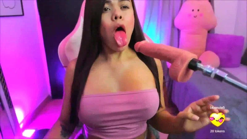 Huge boobs teen sucking and playing with dildo machine