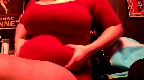 Dropping Chubby belly in red short dress