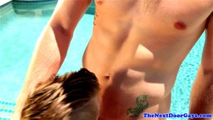 Handsome hunks drilling stud by the pool