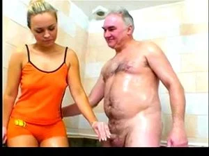 Mia Leone And Old Man in a bathroom