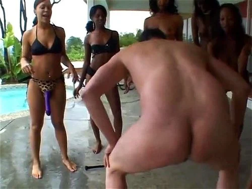 Sexy strap-on wielding black chicks ravage white dude on couch and in pool: Porn