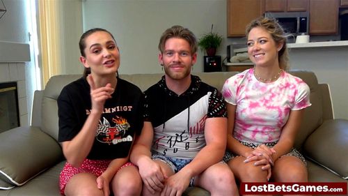 A strip indoor basketball game with two hot girls and 1 lucky dude