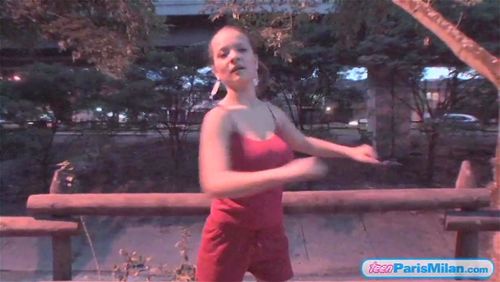 Exercise porn video – Busty teen jiggles her big tits in public