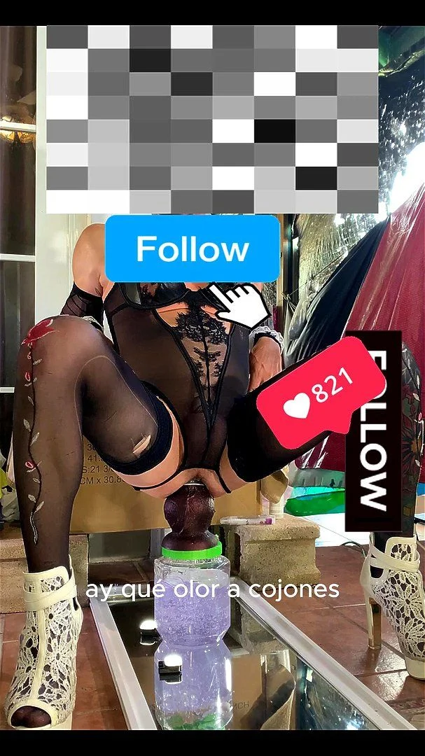 cute Shemale in black lingerie Riding huge Anal Dildo