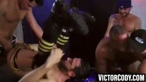 Muscular studs bareback hard in home orgy