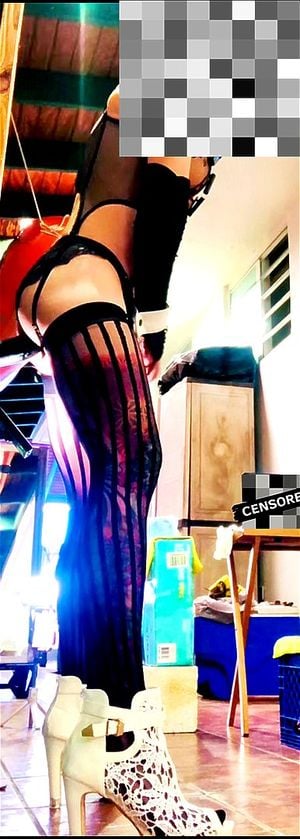 black Stocking Lingerie Shemale outside riding huge dildo