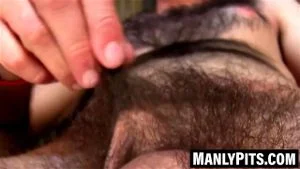 Very furry Joey K jerks throbbing tool till cum flies
