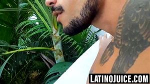 Dan Angel and I cover each other in cum during pool threesome