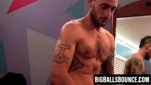 Hairy Corey Gunz massages cock and balls before cumming