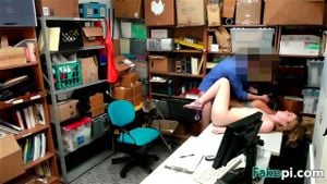 Brunette and blonde teen thieves getting banged by a security guy in his office
