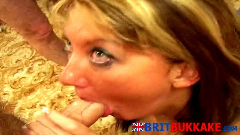 Horny British blonde chick sucking in bukkake