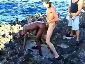 African Sexy Babe Fucks Two Lads on The Rocks