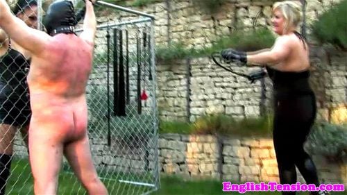 Femdom harshly punish sub with whips outdoor