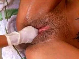 Hairy outdoor gloved pussy fisting