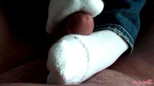 Guy cums twice. Ruined Handjob, Sockjob footjob