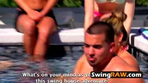 Chubby couple joins other swingers in the pool for hot fun