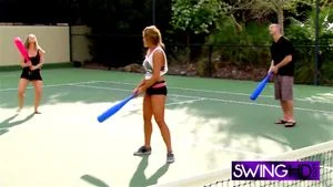 Hot wives get together in the tennis courts for fun pre party games
