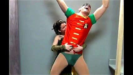 Tickling and jerking Robin's huge cock Tickling and jerking Robin's huge cock