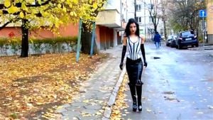 M@R1LYN YU5UF - Tightly Laced Corset plus Latex and High Heel Boots in Public