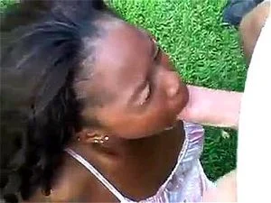 Black whore gagging on multiple white cock cumshots thumbnail