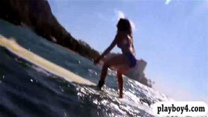 Naked badass babes enjoyed water surfing with the real pro