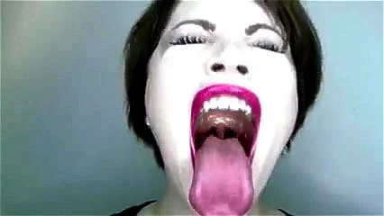 long tongue, red lips, brunette