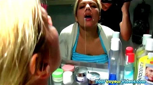 bathroom sex, brushing teeth, mirror, cum in mouth