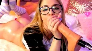 Perfect blonde sucking her dildo machine and recived cum in her beautiful face