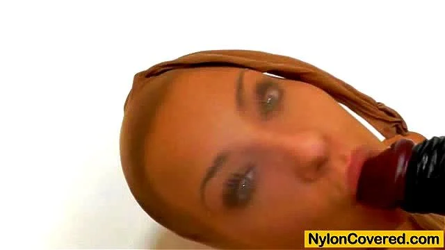 Blonde with nylon mask on her face Blonde with nylon mask on her face