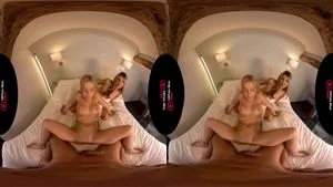 Gina VR blowjob in the arched white bedroom