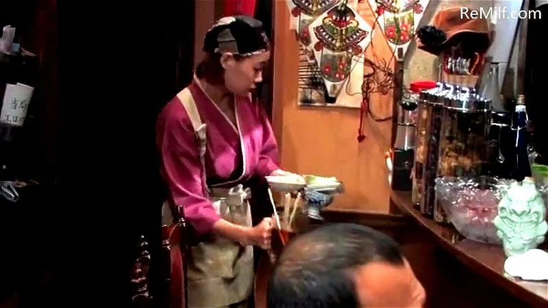 A Asian Japanese waitress in the restaurant has a naked ass